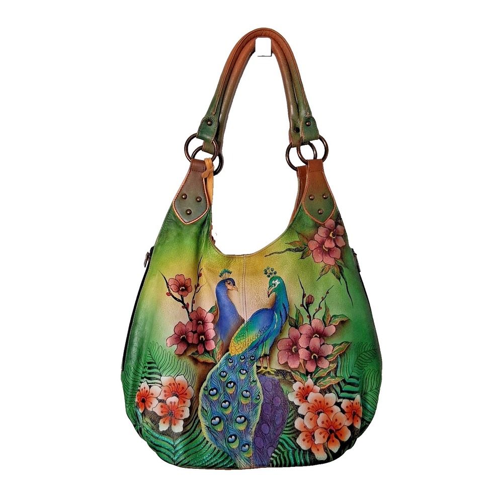 Anuschka Hand-Painted Leather Hobo Bag Peacocks Two sided Painting